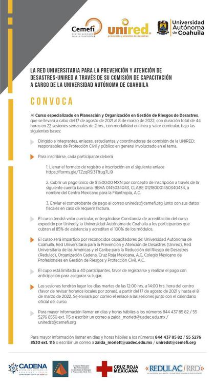 Convoca UAdeC y UNIRED al Curso en Planeación y Organización en Gestión de Riesgos de Desastres 2