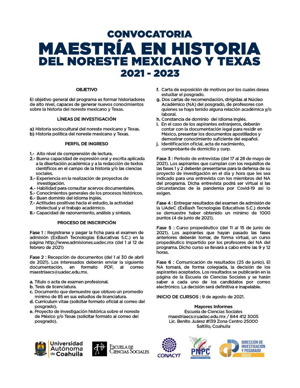 Convocan a Maestria en Historia d el Noreste Mexicano y Texas 1