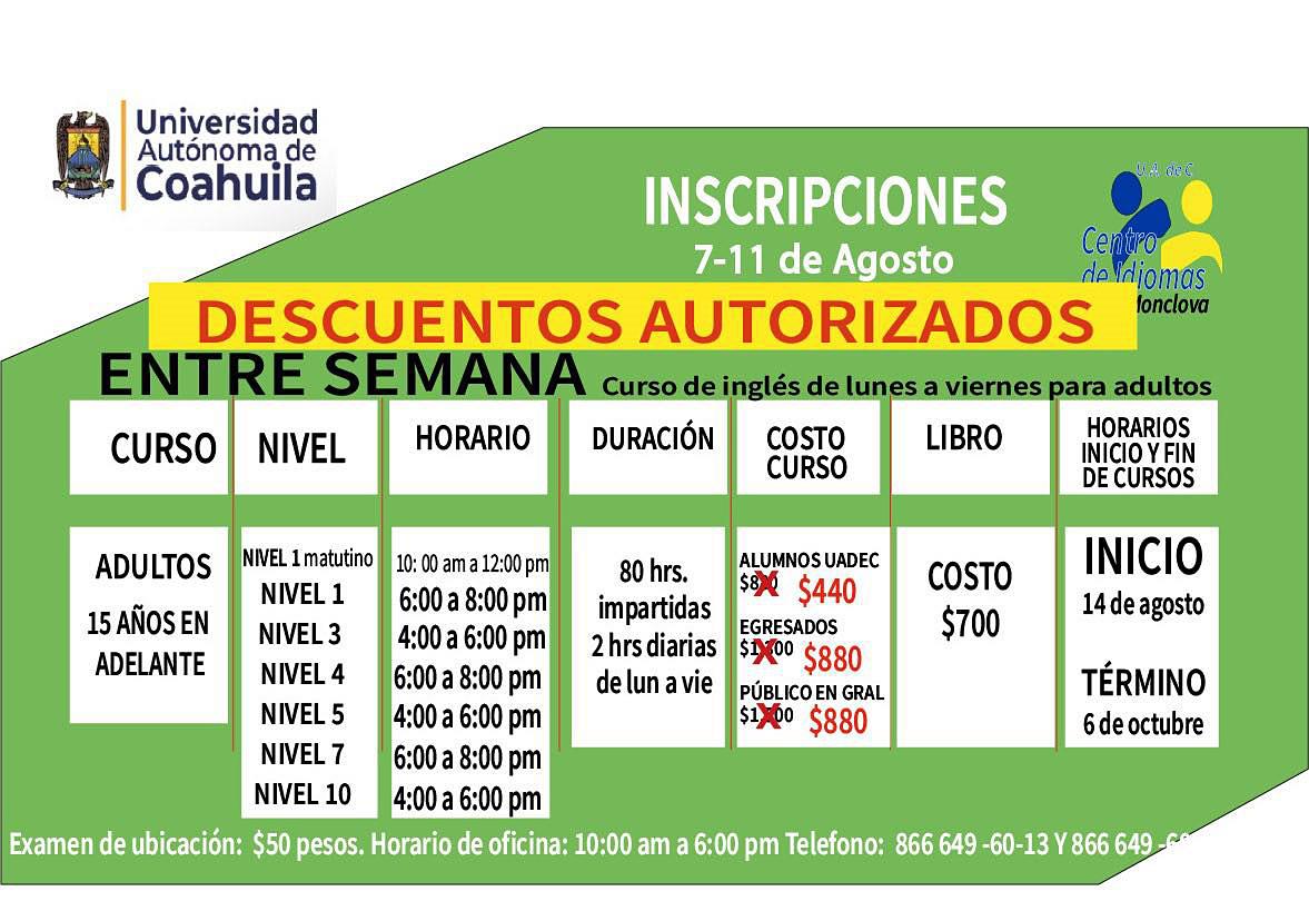 Descuento en Cursos de Ingles que O frece el Centro de Idiomas UN _2
