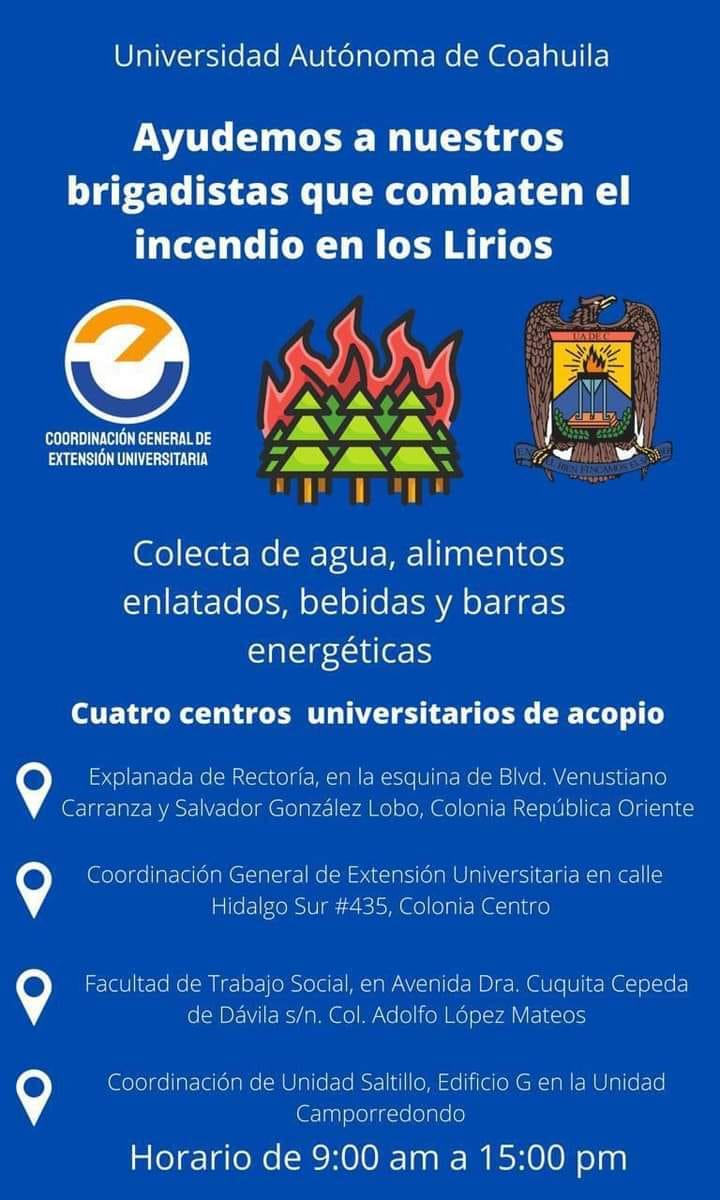 Convoca UAdeC a Apoyar a Brigadistas del Incendio en el Ejido Los Lirios 1